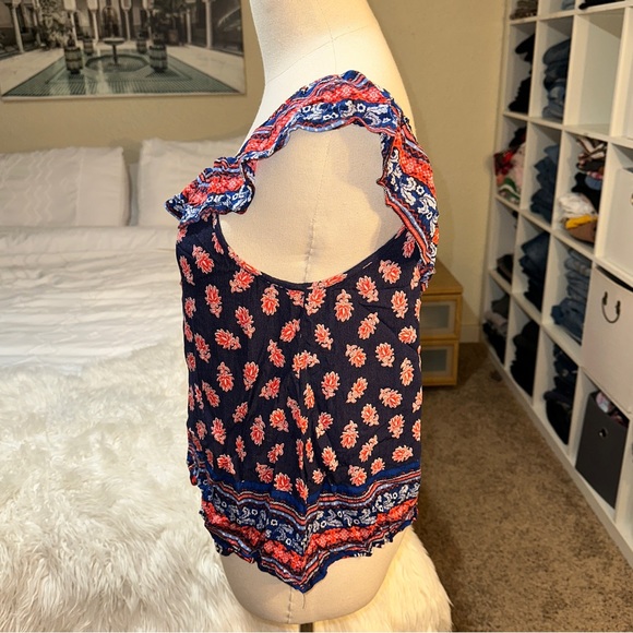 Xhilaration | NWT Asymmetrical Off Shoulder Flowy Ruffle Floral Latinx Print Top - Picture 3 of 12